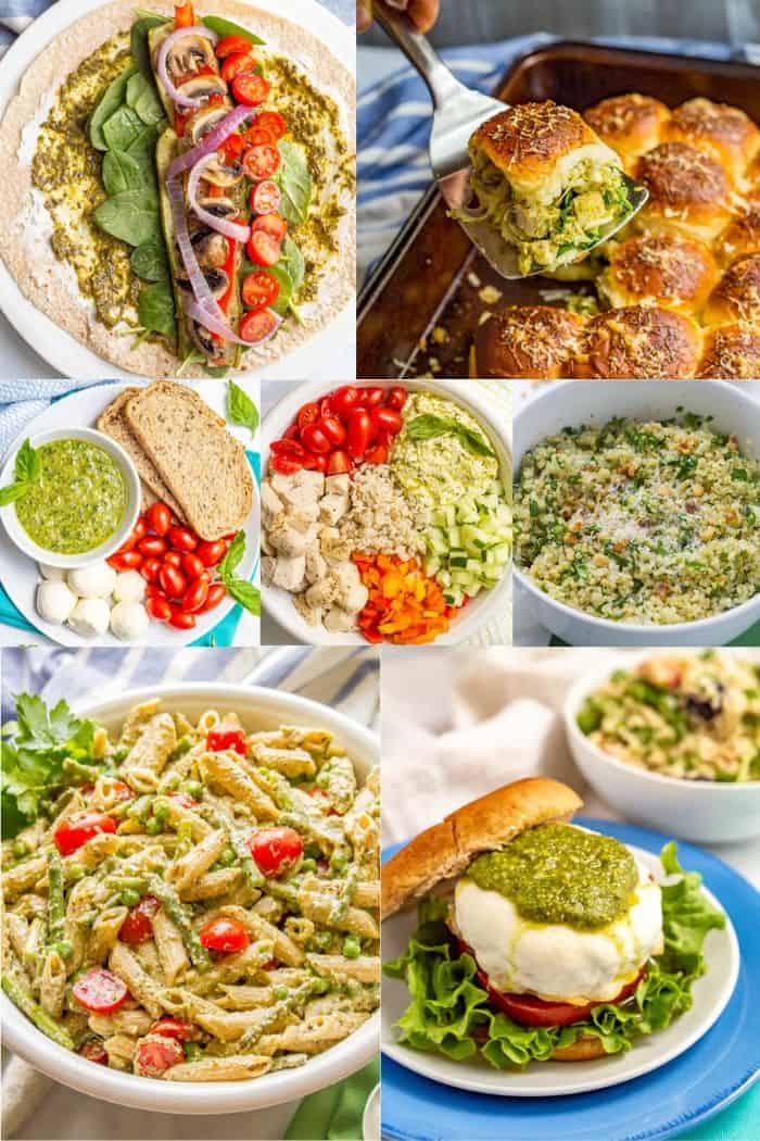 A collage of photos of different foods that all use pesto