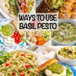A collage of photos of different foods that all use pesto with a text box on top