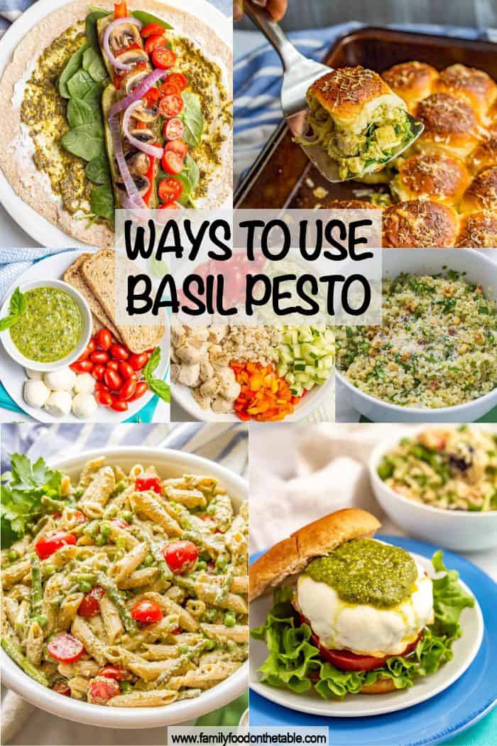 A collage of photos of different foods that all use pesto with a text box on top