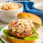 A juicy BBQ turkey burger on a bun with slaw and fixings