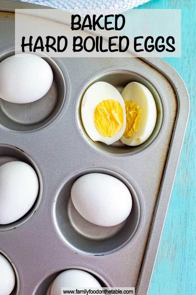 Cooked eggs in a muffin tin with one cut open in half and a text box on top