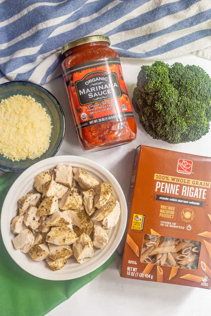 Ingredients for a pasta dinner laid out on a counter