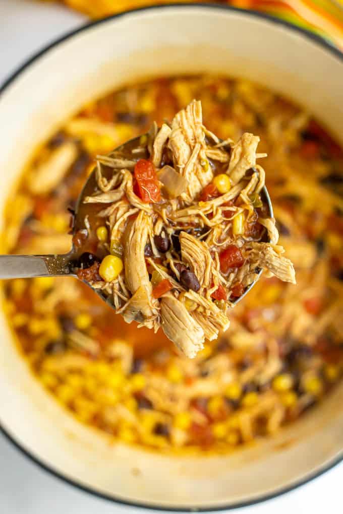 Close up of a ladle being lifted out of a soup pot with shredded chicken, tomatoes, black beans and corn
