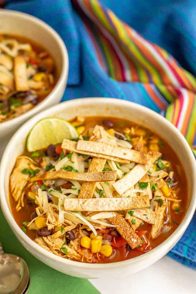 Crispy toasted tortilla strips served on top of a bowl of soup with shredded chicken, corn, black beans and tomatoes
