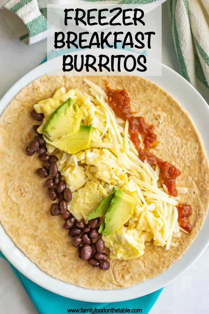 Tortilla with scrambled eggs, beans, cheese, salsa and avocado on a white plate with a text box on top