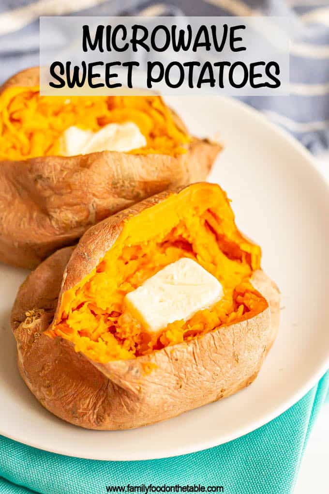 Cooked, cut open sweet potatoes on a white plate with a pat of butter in each one and a text overlay