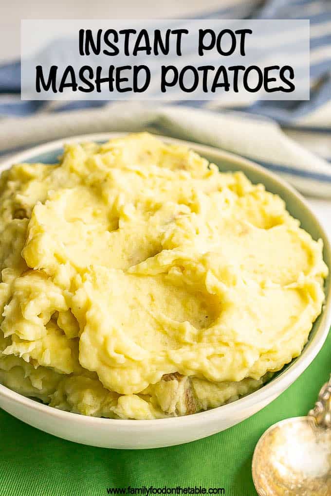 Creamy mashed potatoes served in a white and blue bowl with a text overlay on the photo