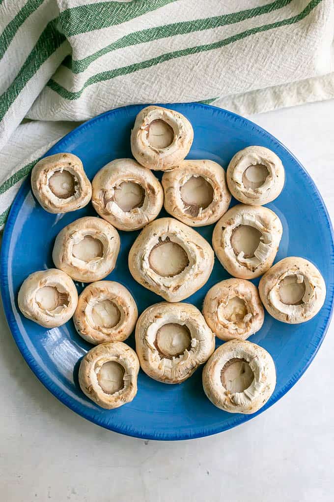 A blue plate with white button mushroom caps before being stuffed and baked