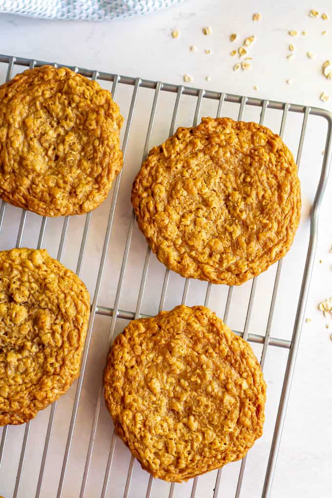 Peanut butter oatmeal cookies on a cooling rack