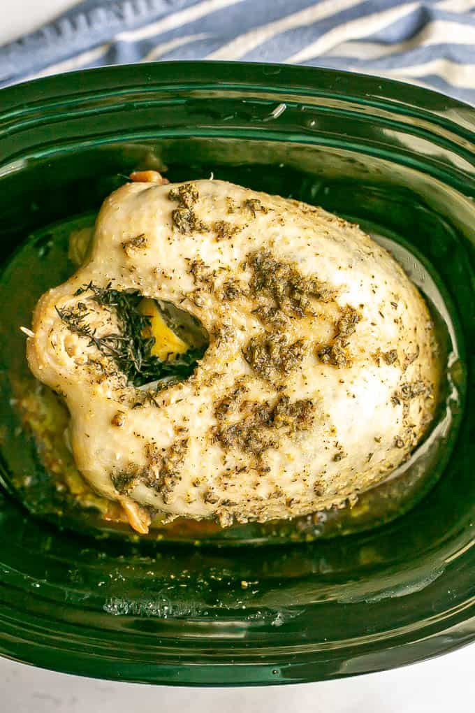 An herb-rubbed bone in turkey breast after being cooked in a slow cooker