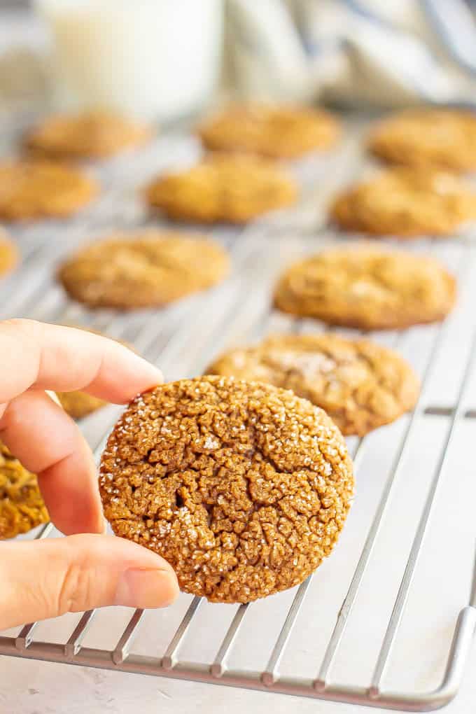 A hand picking up a small ginger cookie from a cooling rack