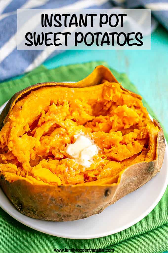 A sweet potato on a small white plate opened and fluffed and topped with a pat of butter, with a text overlay on the photo
