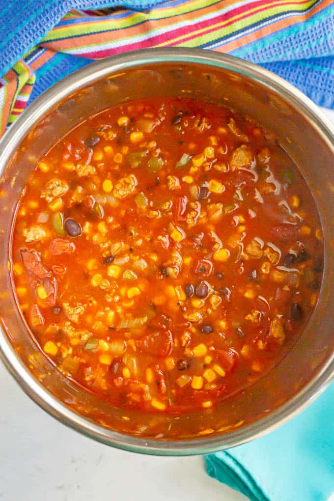 Southwestern turkey chili with black beans and corn in an Instant Pot after cooking