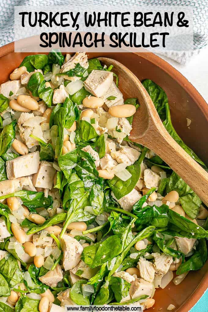 A wooden spoon scooping up some turkey, beans and spinach from a skillet with a text box overlay on the photo