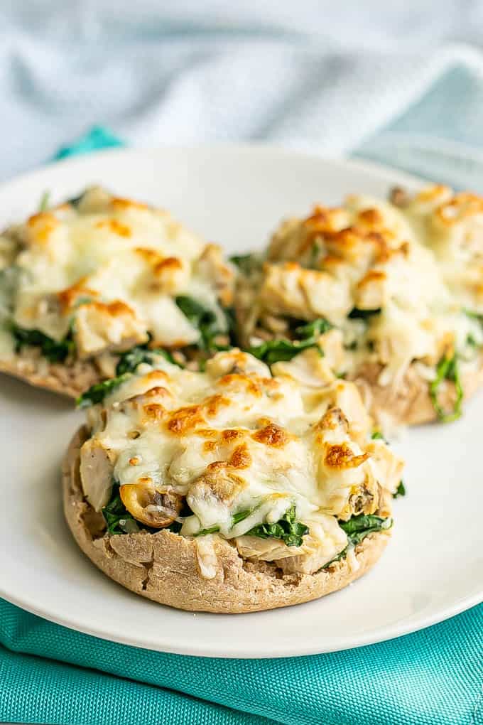 English muffin melts with turkey, spinach, mushrooms and mozzarella