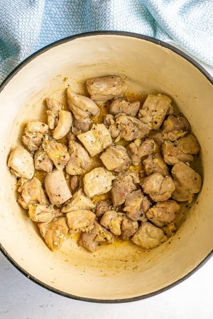 Cooked pieces of chicken in a large dutch oven pot