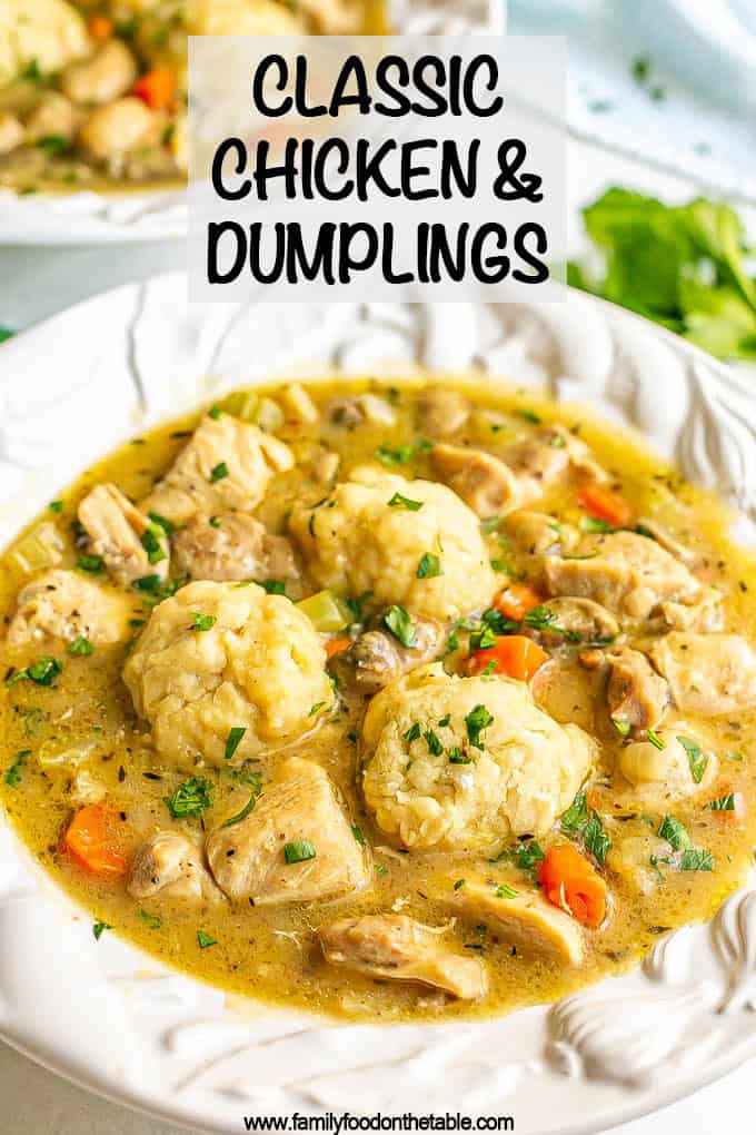 A large soup bowl with chicken and dumplings and a text overlay on top
