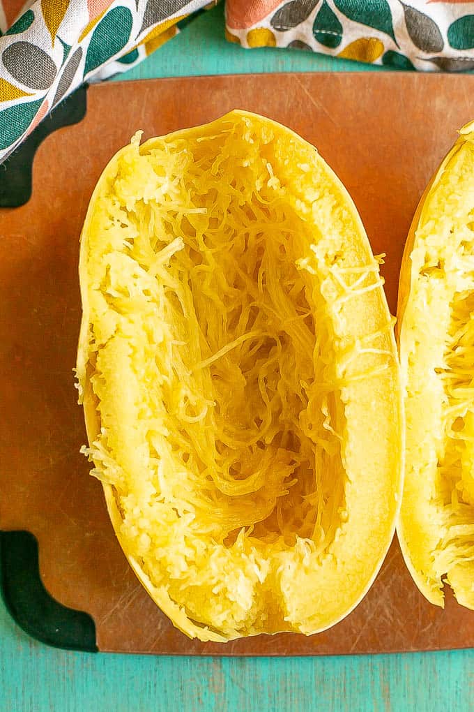 Half of a cooked spaghetti squash before the strands are pulled