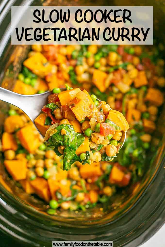 A scoop of vegetarian curry being lifted out of a slow cooker with a text box overlay on the photo