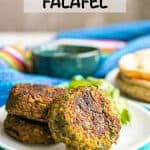 A trio of baked falafel patties on a white plate with a text overlay on the photo
