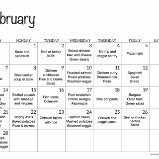 A monthly calendar for February with family dinner ideas for each day