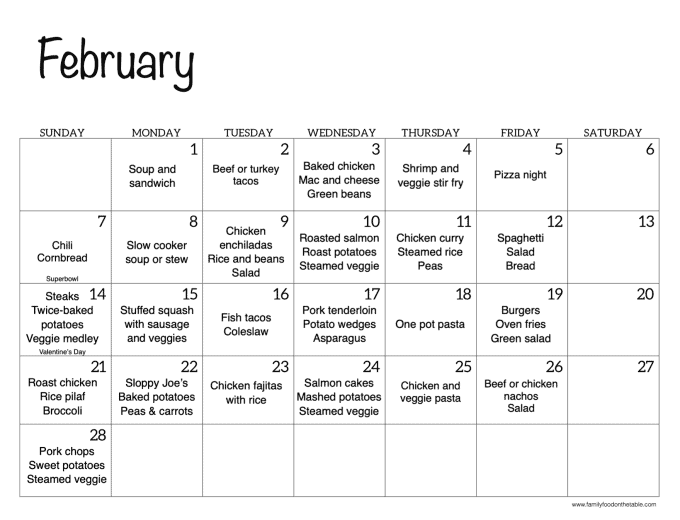 February meal plan - Family Food on the Table