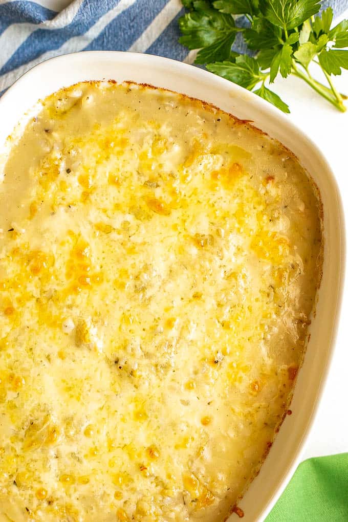 A cheese covered baked casserole in a white baking dish with a sprig of parsley to the side