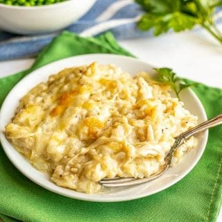 A cheesy chicken and rice mixture served on a small white dinner plate with a fork alongside