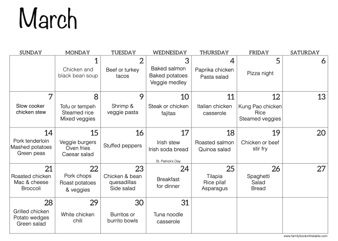 A monthly calendar for March with family dinner ideas for each day