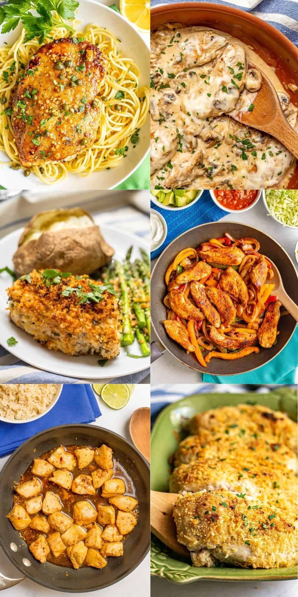 A rectangular collage of easy family-friendly dinner photos, including chicken fajitas, baked pork chops and cheesy baked chicken