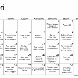 An April calendar with dinner recipe ideas for each day of the month