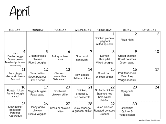 An April calendar with dinner recipe ideas for each day of the month