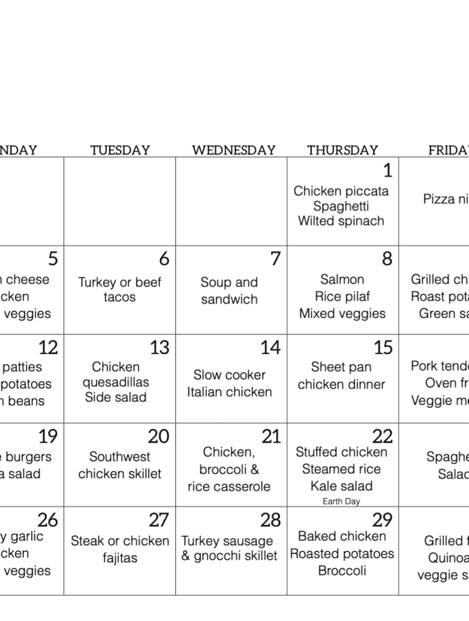 An April calendar with dinner recipe ideas for each day of the month
