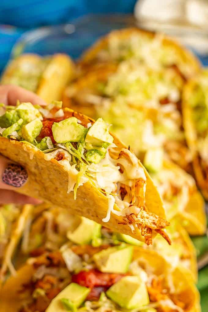 A hand holding up a baked shredded chicken crispy taco with salsa and avocado on top