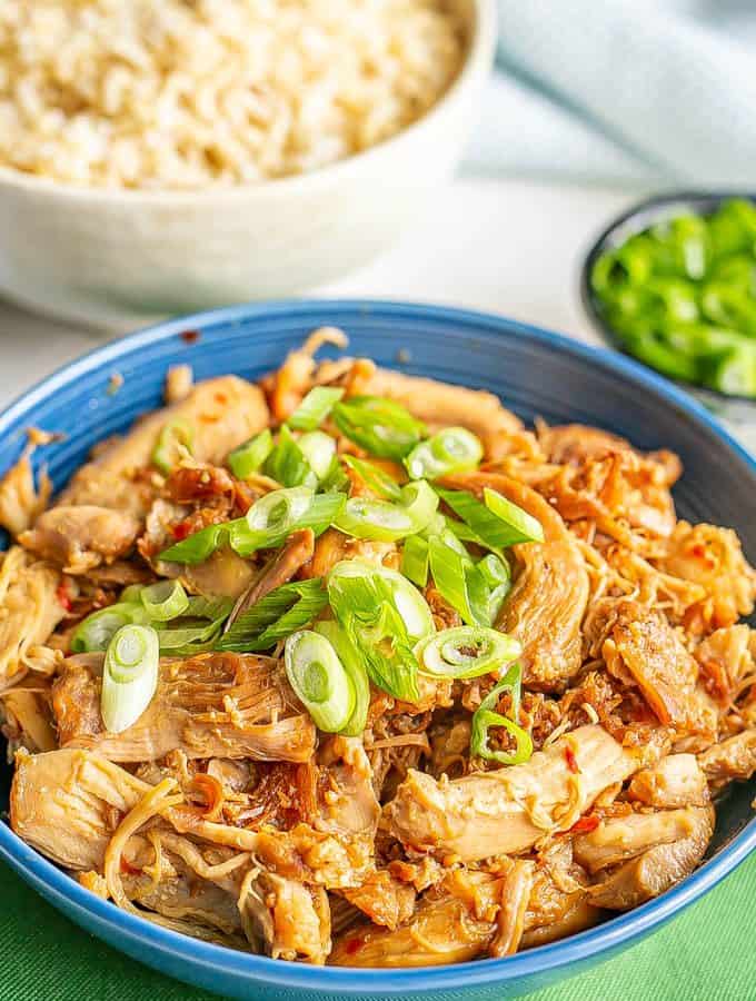 A blue bowl with shredded honey garlic chicken topped with sliced green onions
