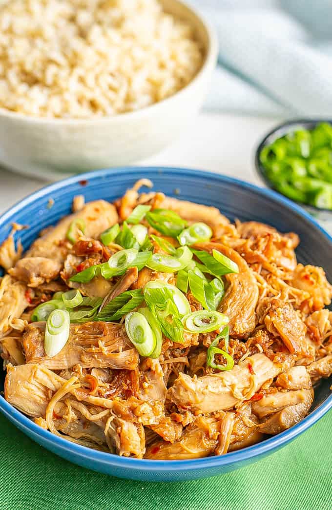 A blue bowl with shredded honey garlic chicken topped with sliced green onions