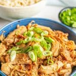 A blue bowl with shredded honey garlic chicken topped with sliced green onions with a text overlay on the photo