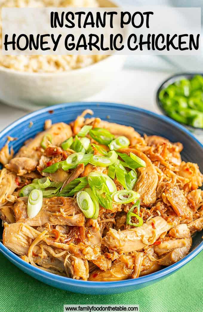 A blue bowl with shredded honey garlic chicken topped with sliced green onions with a text overlay on the photo