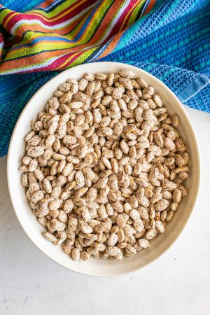 A white bowl filled with dried pinto beans