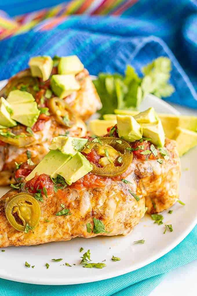 Cheesy fiesta grilled chicken is quick and easy to make with just 3 ingredients, comes out so juicy and flavorful, and can be dressed up with fun toppings! Close up of two grilled chicken breasts served on a white plate and topped with cheese, salsa, avocado, jalapeños and cilantro