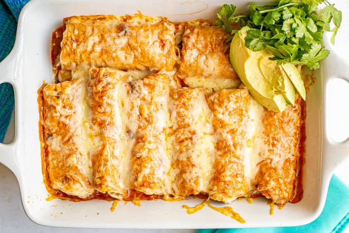 A white pan filled with cheesy chicken enchiladas and topped with cilantro and avocado