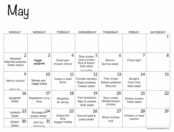 A May calendar filled out with family dinner ideas for each night