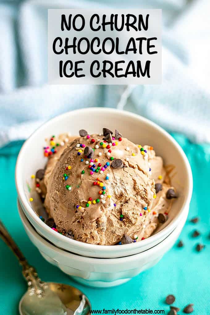 Chocolate ice cream served in a small white bowl with sprinkles and mini chocolate chips on top and a text overlay on the photo