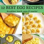 A collage of six food photos featuring eggs and a text block in the middle