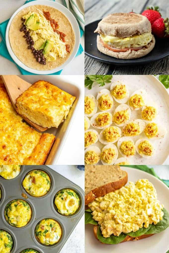 A collage of six food photos featuring eggs