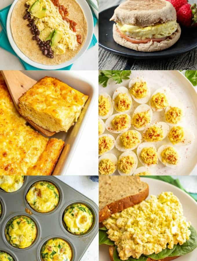 A collage of six food photos featuring eggs