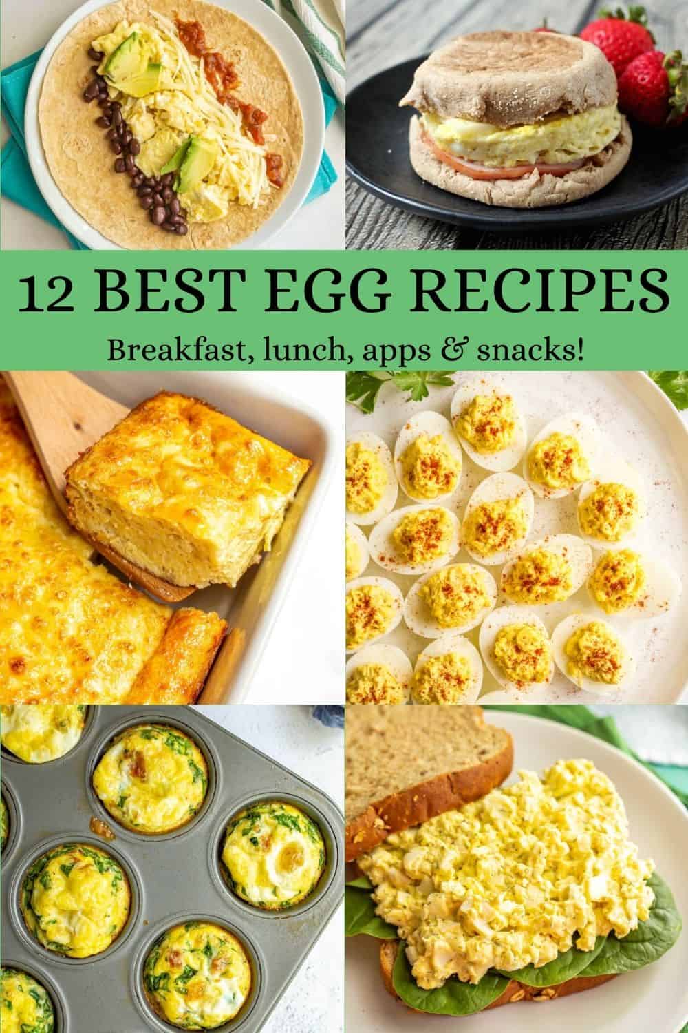 A collage of six food photos featuring eggs and a text block in the middle