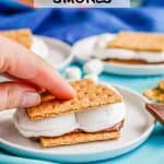 A hand smushing down a s'mores sandwich on a small white plate with a text overlay on the photo