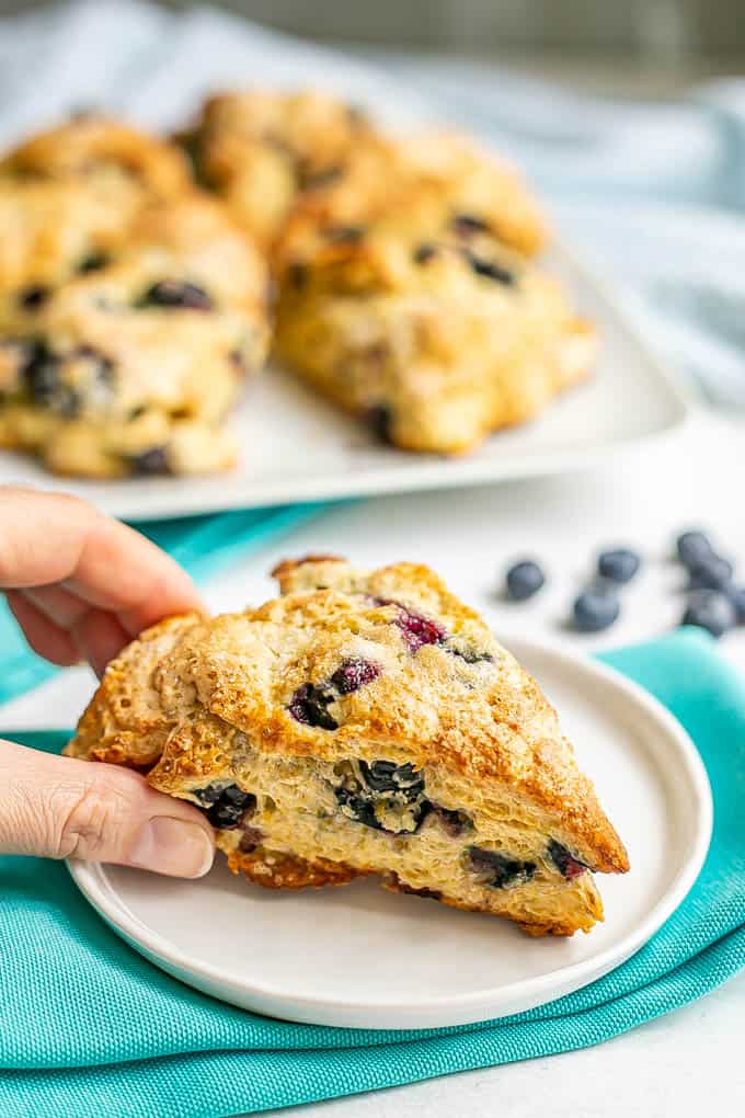 A hand holding a blueberry scone on a small white plate with a platter of scones in the background