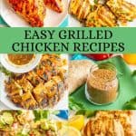 A collage of 6 photos of grilled chicken with marinades or rubs with a text block in the middle